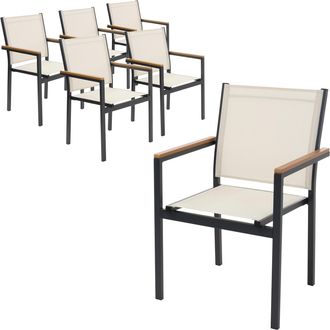 ML Design Ml-design 6x Sillas De Jard&iacute;n Beige Asiento De Textilene Para Terraza Aspecto Madera Y Estructura De Aluminio Mueble Con Reposabrazos Y Respaldo Muebl