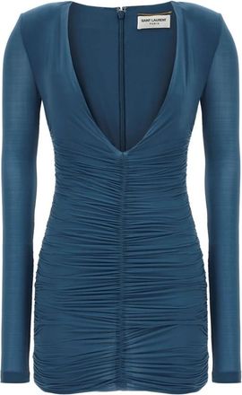 Saint Laurent Cupro Jersey V-Neck Jurk - Dames - Korte kleedjes - Blauw - S - Kleedjes