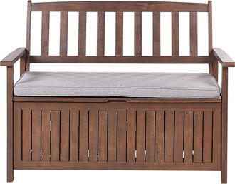 Beliani Beliani - Banco De Jard&iacute;n Con Almacenaje De Madera Maciza De Acacia 2 Plazas 120 Cm Oscuro Con Coj&iacute;n Gris Sovana
