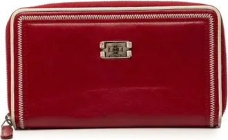 Chanel Red Color Leather Long Wallet (Bi-Fold) (Pre-Owned)