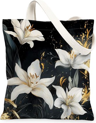 Generic Spring Japanese Lilies Canvas Tote Bag for Shopping 13x15, Asia Chinese Japan Flower Reusable Grocery Print Bag for Women Men, Cool Floral Aesthetic P