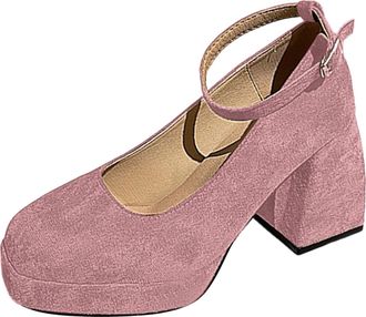 Generic Womens Elegant Suede Chunky Heel Square Toe High Heels Fashion Casual Shoes Comfortable Evening Shoes Thick Sole for All Occasions, pink, 8.5 UK