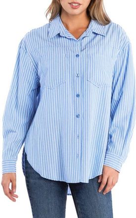 BILLY T Stripe Linen Blend Button-Up Shirt in Denim Blue Stripes at Nordstrom, Size X-Small