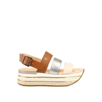 Hogan Womens Leather Wedge Sandals In Brown/silver