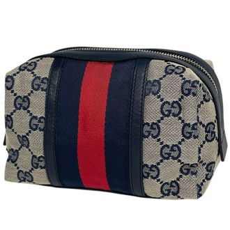 Gucci Beige Navy Gg Canvas Leather Pouch (Pre-Owned)