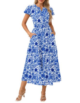 Grace Karin Women Elegant Maxi Summer Dress Short Sleeve V Neck Floral Dress A Linie Wedding Dresses White Blue S