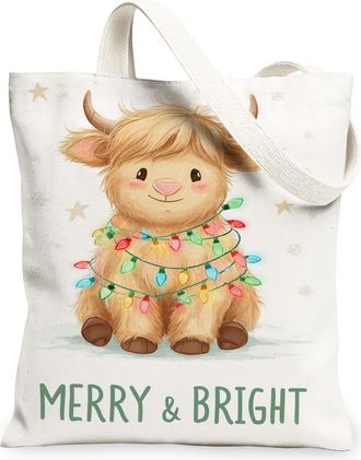 Generic Merry Bright Canvas Tote Bags, Cute Animal Holiday Pattern Reusable Grocery Bags, Cozy Rustic Lightweight Washable Shoulder, White, 13x15 Inch