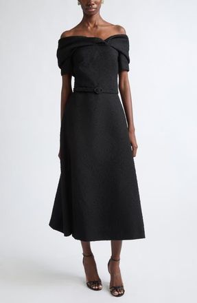 Oscar De La Renta Slubby Off the Shoulder Tweed Midi Dress in Black at Nordstrom, Size 12