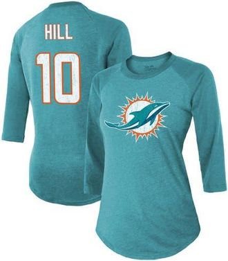 Majestic Threads Womens Majestic Threads Tyreek Hill Aqua Miami Dolphins Name & Number Raglan 3/4 Sleeve T-Shirt at Nordstrom, Size Xx-Large