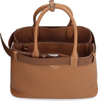 Prada Womens Buckle Calfskin Tote Bag Saddle Brown