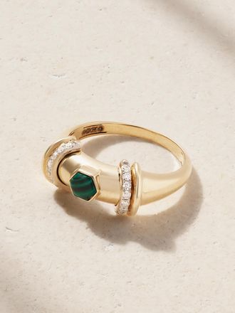 L'atelier Nawbar Anello In Oro 18 Carati Rodiato Con Malachite E Diamanti Warrior Hex - Verde