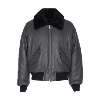 Ami Leather Jackets, male, Black, Size: XL Grey Leather Bomber Jacket with Shearling