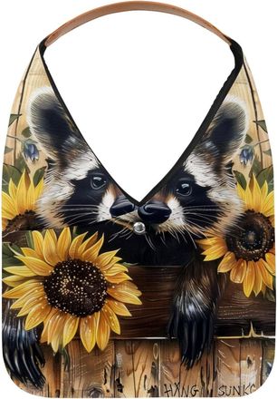 Generic Sunflower Raccoon in Wooden Board Reusable Lightweight Grocery Bags - Foldable Into Compact Pouch, Washable & Sturdy, Multipurpose for Shopping and Tr