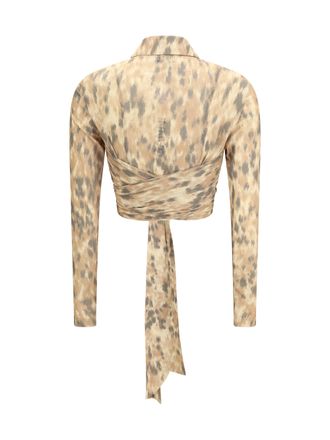 Ganni Printed Marl Mesh Tie Blouse - Beige