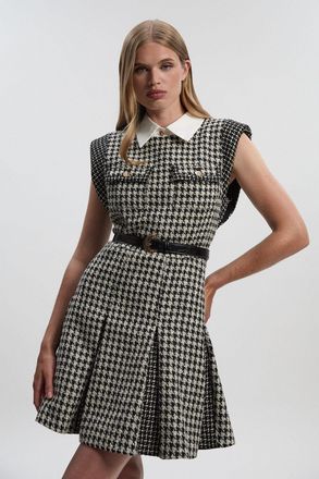 Karen Millen Womens Tall Textured Tweed Contrast Collar Pleated Tailored Mini Dress - Multicolour Cotton - Size 14 UK