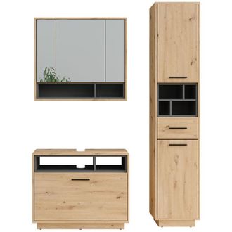 Vicco Conjunto De Muebles De Ba&ntilde;o Beatrice, Roble Artesanal/antracita, 3 Partes Con Unidad Alta, Vicco
