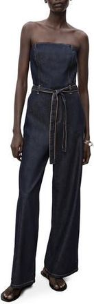 Mango Mono Strapless Tie Waist Denim Jumpsuit in Open Blue at Nordstrom Rack, Size Small