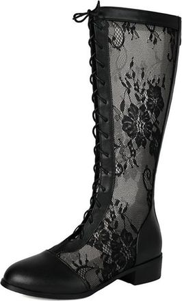 Generic Womens Lace Hollow Out Round Toe Patchwork Knee High Boots Sandals Low Block Heels Lace Up Summer Dress Shoes (Black,5.5)