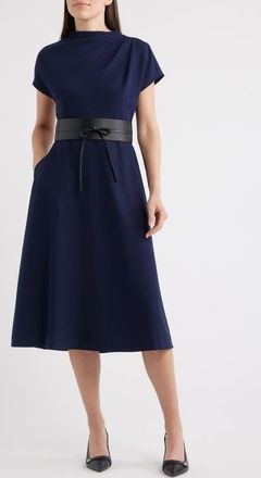 Eliza J Funnel Neck Flared Midi Dress in Navy at Nordstrom, Size 16