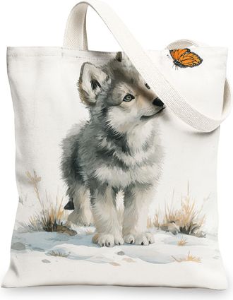 Generic Cute Wolf Canvas Tote Bag, Artistic Wildlife Design Reusable Shopping Bag, Lightweight Washable Shoulder Strap Tote for Gym, White, 13x15 Inch