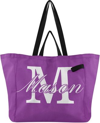 Generic Custom Bright Purple print Reusable Canvas Tote Bag, Heavy Duty Grocery Shopping Bag with Double Handles Hard Bottom Large Capacity Work Groceries Tra