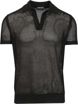 Tom Ford Cotton Silk Mesh Polo - Heren - V-hals truien - Zwart - L - Katoen - Truien & Vesten