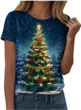 Generic Christmas Tshirts Women Xmas Tops Ladies Snowflake Christmas Printed Round Neck Short Sleeved T Shirt Top Tunic Shirts Funny Xmas Tree Cute Print Blou