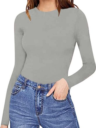 Generic Nighties for Women Womens Crew Neck Long Sleeve Bodysuit Comfortable Against The Skin Tops Body Suits Women Clothing (Grey, XL)