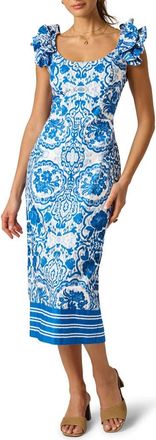 Adrianna Papell Floral Print Column Midi Dress in Blue/White at Nordstrom, Size 16