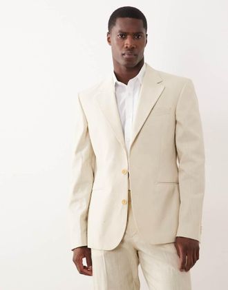 Asos Giacca da abito slim in 100% cotone effetto lino beige-Neutro
