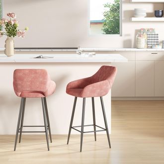 HOMCOM Stools Set of 2, Velvet-Touch Fabric Counter Height Bar Chairs in Pink