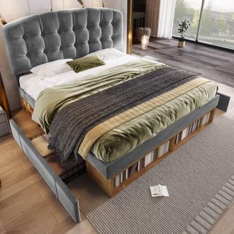 Merax 5FT Velvet Upholstered King Storage Bed with Adjustable Headboard in Grey