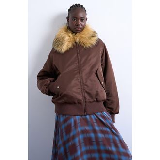 Topshop Nylon Bomber Jacket with Faux Fur Collar in Brown at Nordstrom Rack, Size X-Small