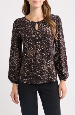 Anne Klein Dot Print Keyhole Long Sleeve Top in Chocolate Black Multi at Nordstrom, Size Xx-Small