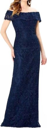Mon Cheri Off Shoulder Lace Gown In Navy