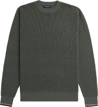 Fred Perry Groene Trui met Honingraattextuur - Heren - Ronde hals truien - Groen - XL - Katoen - Truien & Vesten