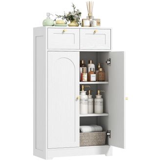 OEM Armario De Ba&ntilde;o Estrecho Con 2 Cajones Estante Abierto Y Puerta Con Panel Arqueado 60x30x108 Cm Blanco Veteado
