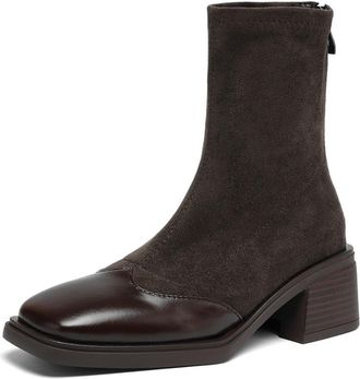 Generic Womens Retro Square Toe Faux Suede Leather Ankle Boots Medium Block Heels Back Zipper Comfortable Non-Slip Wear-Resistant For Daily Casual Office,Brow
