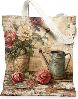 Generic Spring Farmhouse Peony Canvas Tote Bag for Shopping 13x15, Rustic Vintage Floral Reusable Grocery Print Pattern Bag for Women Men, Country Flower Aest
