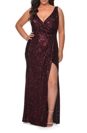 La Femme Sequin Plus Size Gown with Ruching and V-neck in Wine at Nordstrom, Size 22W