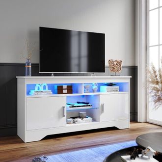 Elegant Lighting 1350mm TV Stand Modern High-gloss TV Cabinet with LED Light, Shelves and Cabinets, for Living Room Bedroom, White