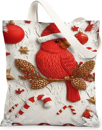 Generic Christmas Bird Canvas Tote Bags, Festive Design Reusable Grocery Bags, Winter Lightweight Washable Shoulder Strap Canvas Fo, Red, 13x15 Inch