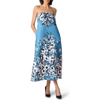 Aidan Mattox Print Strapless Scuba Trapeze Dress in Blue Multi at Nordstrom, Size 14