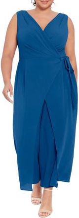 London Times Sleeveless Faux Wrap Jumpsuit in Blue Opal at Nordstrom Rack, Size 22W