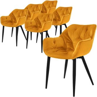 ML Design Ml-design - Set 6x Sillas De Comedor Con Respaldo Y Reposabrazos Asiento Amarillo Mostaza Tapizado Con Funda De Terciopelo Patas De Metal Sill&oacute;n Dise&ntilde;