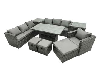 Fimous Rattan Lounge Sofa Rising Dining Table Set & 2 Side Tables 3 Footstool in Dark Grey