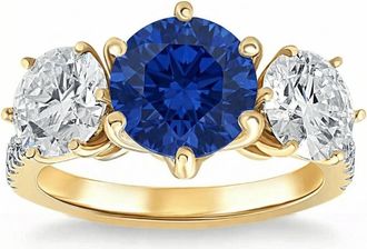 Pompeii3 Certified 6 3/4Ct Blue Sapphire Diamond Ring Three Stone Gold Lab Grown