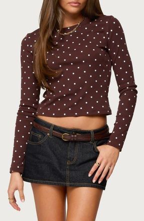 Edikted Daliya Polka Dot Long Sleeve Cotton Crop T-Shirt in Brown at Nordstrom, Size X-Small