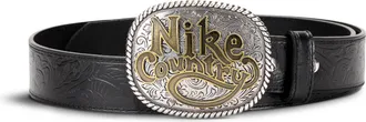 Nike Unisex Country Plaque Buckle Embossed Leather Belt in Black | 18051-001