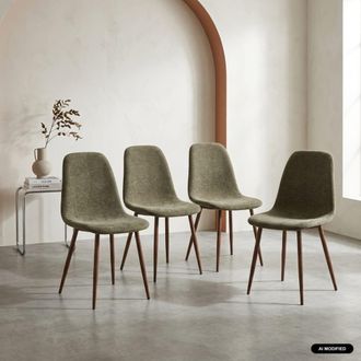 Sweeek Silla de madera y tela con patas color nogal, set de 4, verde kaki